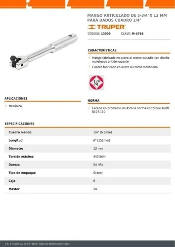 Llave Fuerza Mango Articulado Encastre 1/4'' 144mm Truper