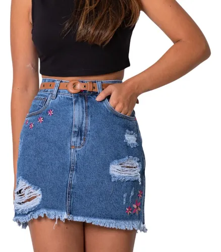 Saia jeans bordada com cheap flor