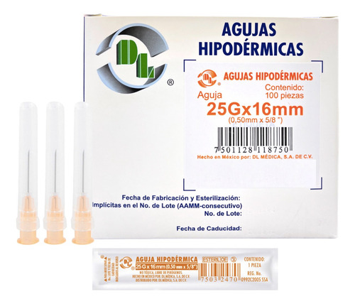 Aguja HiPodérmica Calibre 25x16 Naranja Caja Con 100 Capacidad en volumen 0 mL