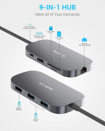 Usb C Hub, Totu 8-in-1 Type C Hub With Ethernet Port, 4k Usb