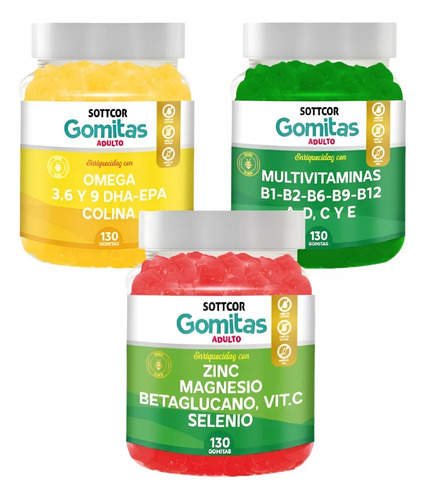 Pack X3 Omega, Multivitaminas, Zinc-magnesio Gomitas Sottcor
