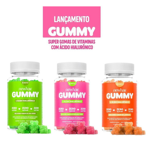 3 Potes New Hair Gummy Vitaminas Em Gomas+ Ácido Hialurônico