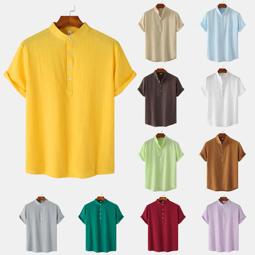 Camisa Casual De Algodón Y Lino De Manga Corta Con Cuello Al