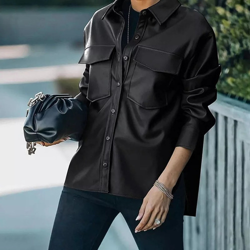 Camisa Casual De Chaqueta De Cuero Para Mujer Con Botones