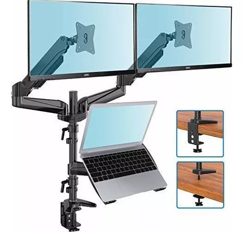 Soporte de monitor dual – Soporte de monitor de resorte de gas con bandeja  para portátil para dos pantallas planas de computadora curvadas de 13 a 27