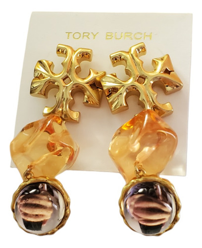 Aretes Tory Logo Dorado Con Figuras De Resina Colgantes