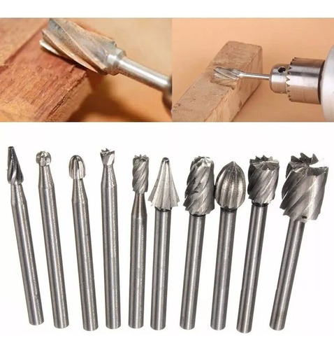 Kit 10 Brocas Burr Hss Grabado Tallado En Madera Drem Cortad