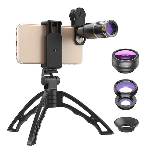 Imagen 2 de 5 de Kit Tripode + Lentes Celular Zoom 18x Fish Wide Macro 4 En 1