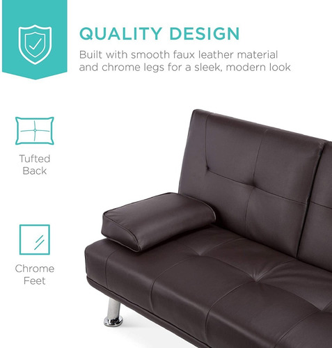 Sofa Cama Futon Plegable Piel Sintetica Marron Portavasos