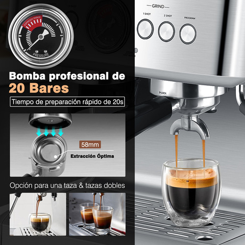 SANGKEE Máquina de Espresso con Molinillo y Varilla de Vapor, Cafeteras Espresso Profesionalde 20 bares con Doble Caldera & Tecnología de Calentamiento,Capuchino y Latte para Uso Doméstico y Comercial