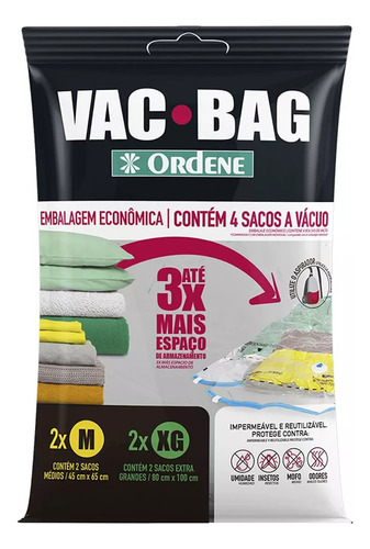 4 Saco Vácuo Vac Bag 2 Médio + 2 Extra Grande Roupas Edredom