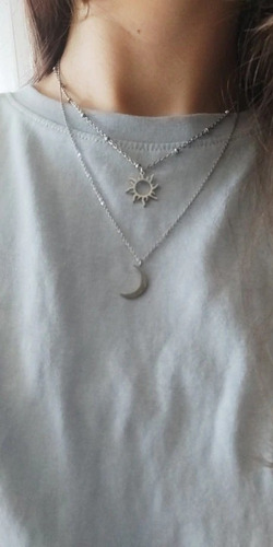 Collar Multicapa Mujer Doble Cadena Sol Y Luna Acero Plata