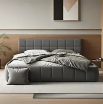 Comprar Cama Tapizada Matrimonial Gris Con Marco De Madera Maciza