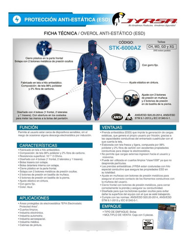 Imagen 4 de 5 de Overol Jyrsa Stk-6000 Antiestático Anti Estática 2% Carbono