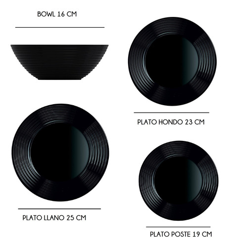 Juego De Vajilla 24 Piezas Harena Luminarc Negro LG