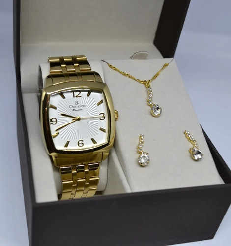 Kit Relógio Champion Feminino Dourado Original