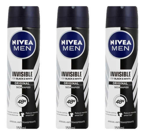 Kit 3 Nivea Black & White Desodorante Men Spray 150 Ml