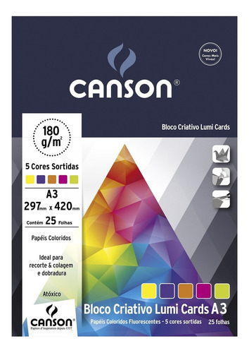 Bloco Canson Colorido Criativo Lumi Cards 180g/m2 A3 25fls