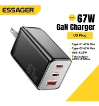 Comprar Cargador Essager GaN USB Tipo C de 67W, Carga Rápida de 65W con PPS, Con 2 Puertos Tipo C y 1 Puerto USB-A, Compatible con Samsung QC 4.0, PD 3.0, iPhone 15 14 13 Pro, Teléfonos Huawei Xiaomi y Laptop