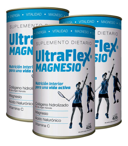 Pack 3 Ultraflex Magnesio Colágeno Hidrolizado En Polvo 420g