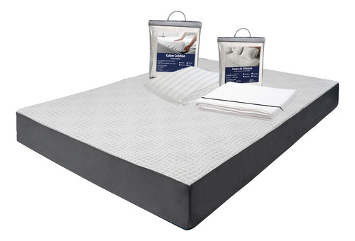 Colchón Matrimonial En Caja 20cm + Sábanas + Protector Blanco Con Gris