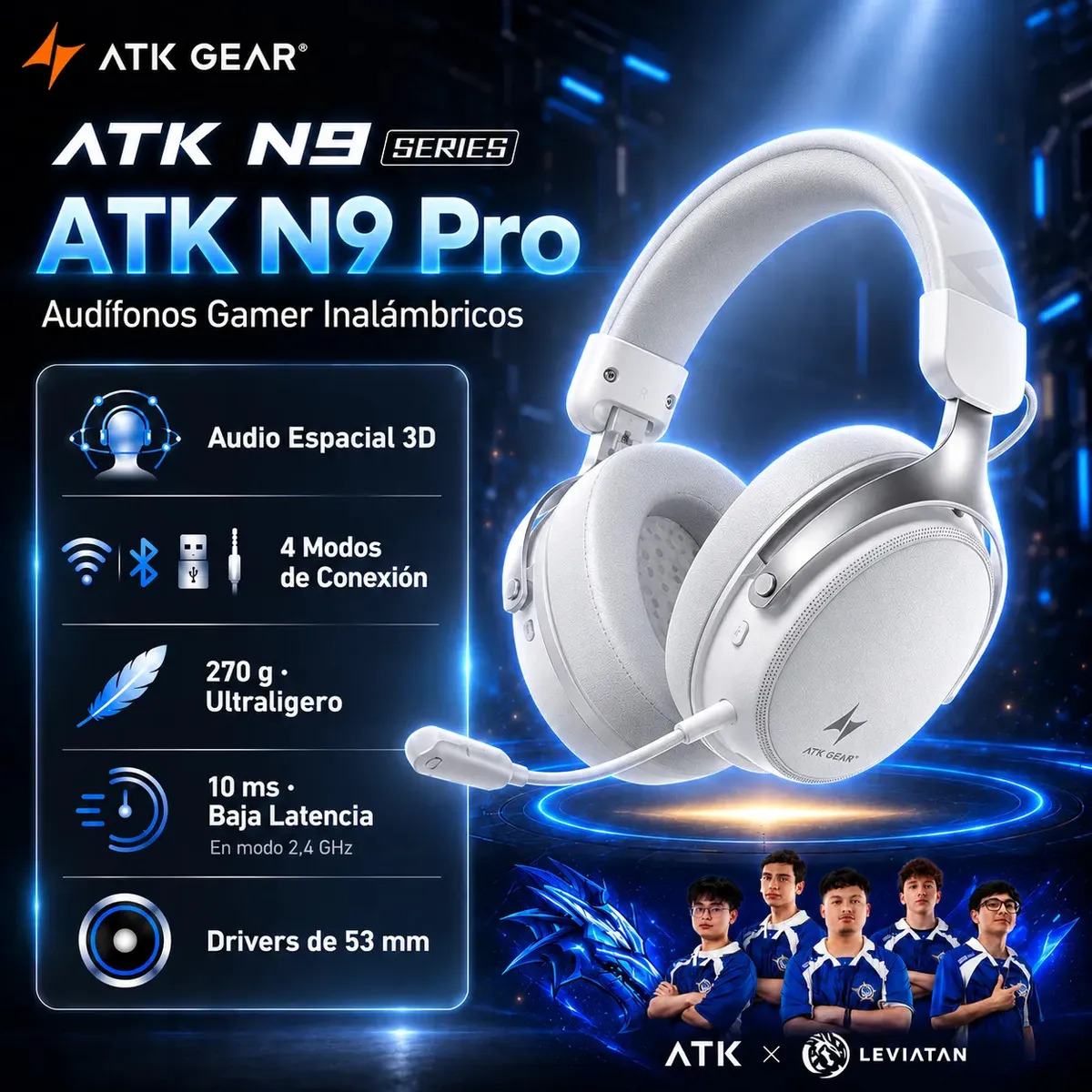 Audífonos Gamer ATK N9 Pro Inalámbricos 2.4G, Bluetooth 5.3, 53mm Micrófono, Desmontable Baja Latencia 10ms, Batería 130 Horas, Para PC/PS5/Switch/Celular/Xbox Cable 3.5mm, Color B