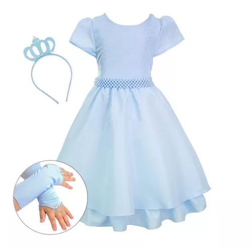 Kit Vestido festa infantil da Cinderela + saia de filó + Laço - Azul Claro