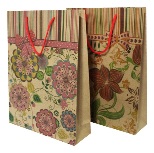 Imagem 3 de 3 de Sacolas Para Presentes Decoradas Kraft Flores Laço Com 12