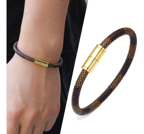 Pulseira Executiva Luxo Louis Marrom Fecho Imã Folheado Ouro