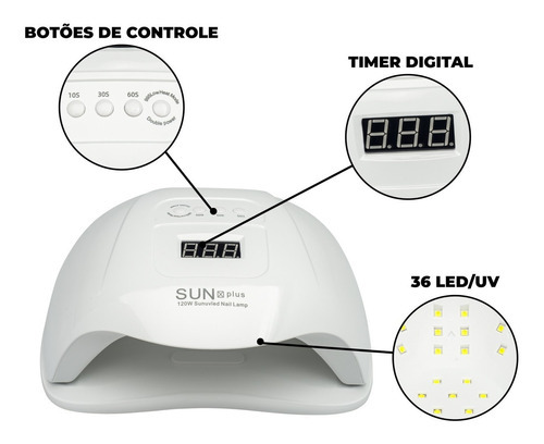 Cabine Uv Led Sun X Plus 120w Gel Unha 36 Led Estufa Cor Branco