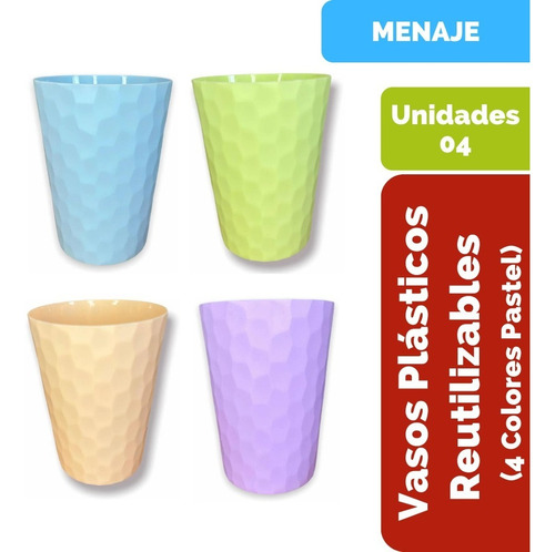 Set De 4 Vasos Plásticos Reutilizables De Colores Pastel