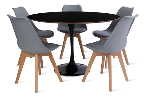 Conjunto Mesa Saarinen Preta 120cm E 5 Cadeiras Leda Cinza