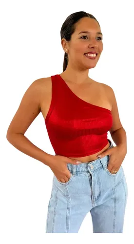 Top Remera Un Hombro Corto Elastizado Metalizado Tendencia