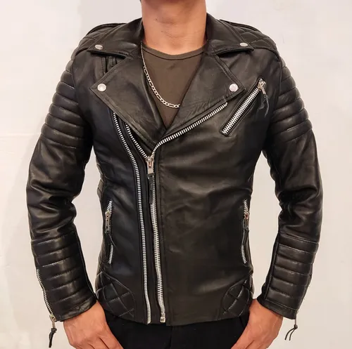 Chamarra Biker Premium Piel Para Hombre Negra Cuero Rockera