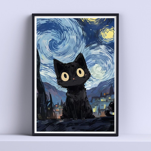 Cuadro Gato Negro Noche Estrellada 30x40cm Listo P Colgar