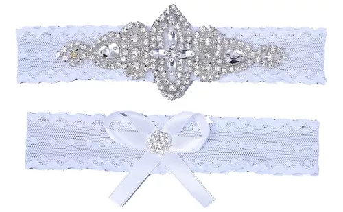 Ligueros de boda para novia elástico nupcial pierna liga de encaje blanco  con diamantes de imitación, Blanco