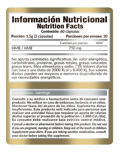 Imagen 2 de 8 de Hmb 60 Caps Gold Nutrition Hydroxy Metilbutirato
