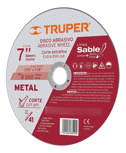 Disco De Corte Fino Tipo 41 Metal 7  X 1.8 Mm X 7/8  Truper