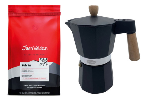 Pack Café Juan Valdez Molido 250gr + Cafetera Moka 3 Tazas