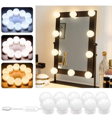 Imagen 2 de 10 de Luces Led Regulable Usb 3 Blancos Make Up Espejo Maquillaje