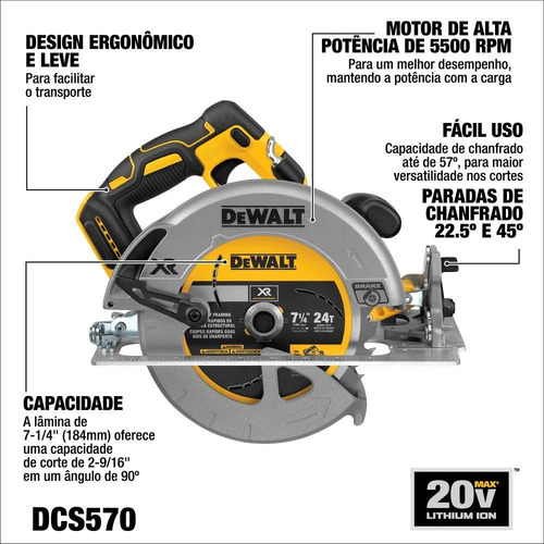 Serra Circular 7 1/4 Pol 184mm 20v Max Li-ion Dcs570b Dewalt