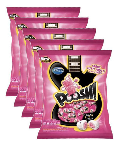 Kit 5 Bala Chiclete Poosh Tutti Frutti Arcor Pacote 500g