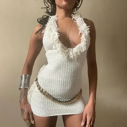 Vestido De Punto Halter Con Flecos, Espalda Abierta, Ropa De