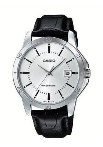 Reloj de pulsera Casio Enticer MTP-V004 de cuerpo color plata, analógico, para hombre, fondo blanco, con correa de cuero color negro, agujas color plata, dial negro, minutero/segundero negro, bisel color plata y hebilla simple