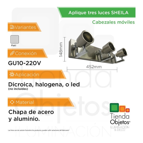 Imagen 4 de 10 de Aplique Pared Techo 3 Luces Dicroica Sheila Platil Candil