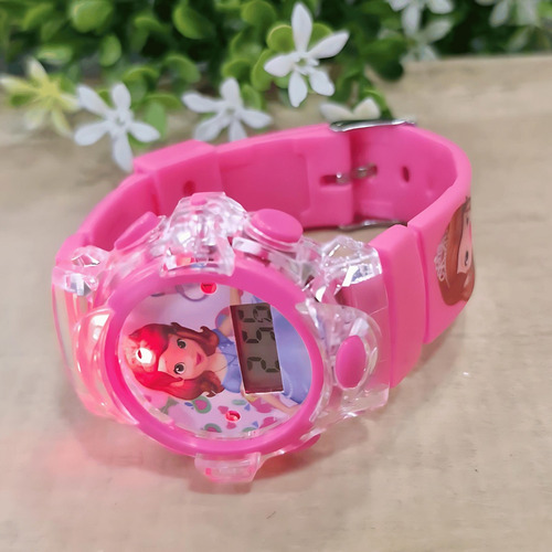 Kit Relógio Princesas + Óculos + Pulseira + Caixa Presente Correia Rosa Bisel Princesa Sofia Fundo Personagem
