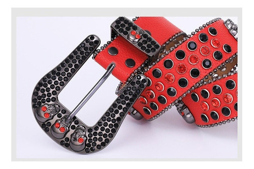 Cinturón De Diamantes Imitación Cintura Punk De Moda Cráneo Color Rojo Talla 105cm