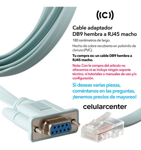 Imagen 2 de 4 de Cable Rj45 Macho A Db9 Rs232 Hembra Consola Cisco Ethernet