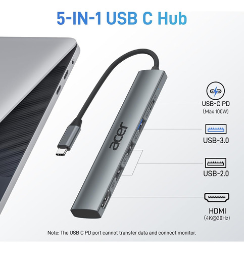 Acer 5 In 1 Usb C Hub With 4k Hdmi, 100w Power Delivery, ...