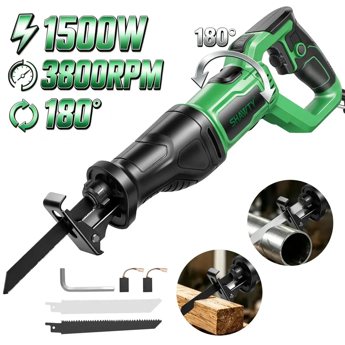 Sierra Sable Shawty Eléctrica de 1500W con Mango Giratorio para Demolición y Jardinería